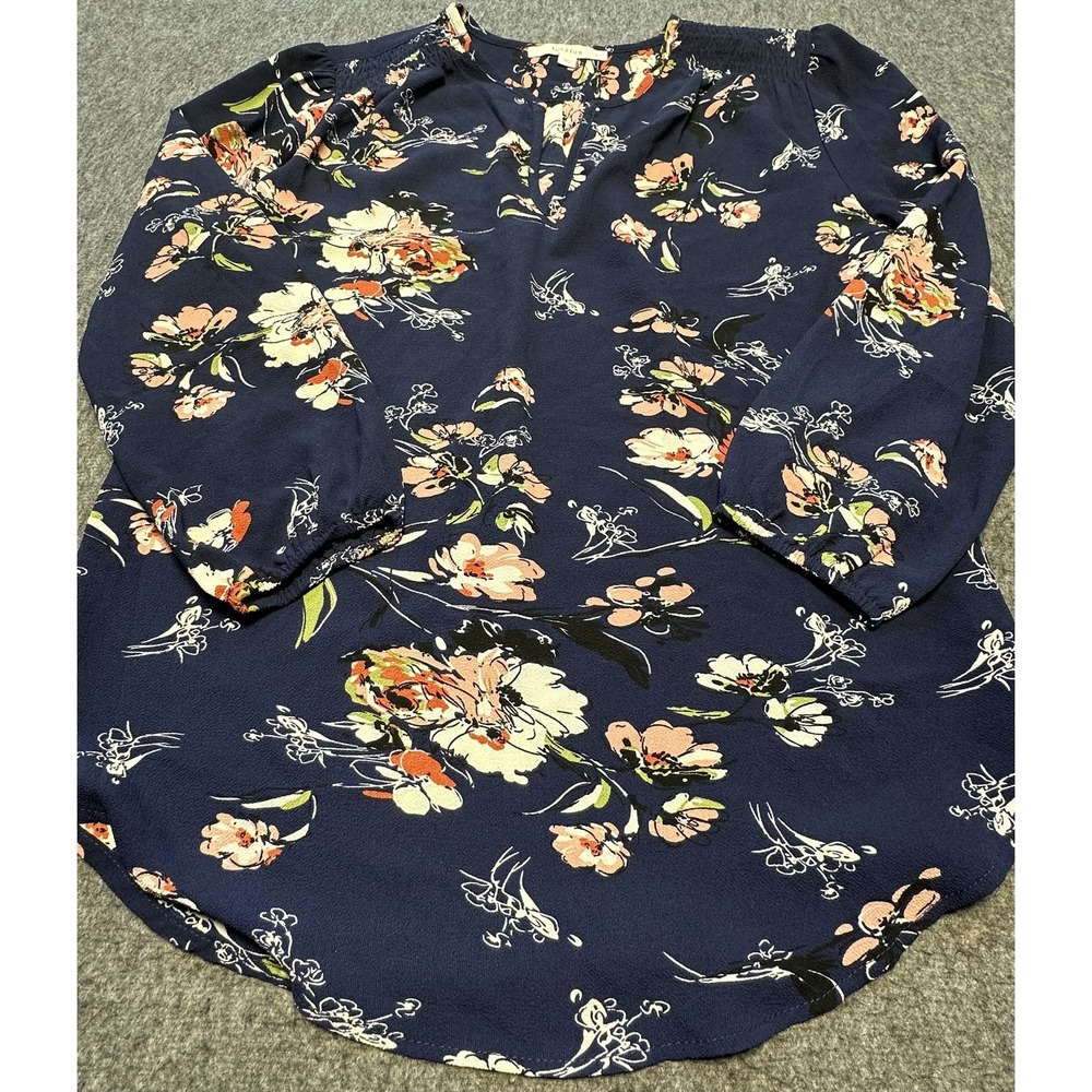 Fun2Fun Blouse Womens Small Navy Blue Floral Long Sleeve Crepe Top Boho Pullover